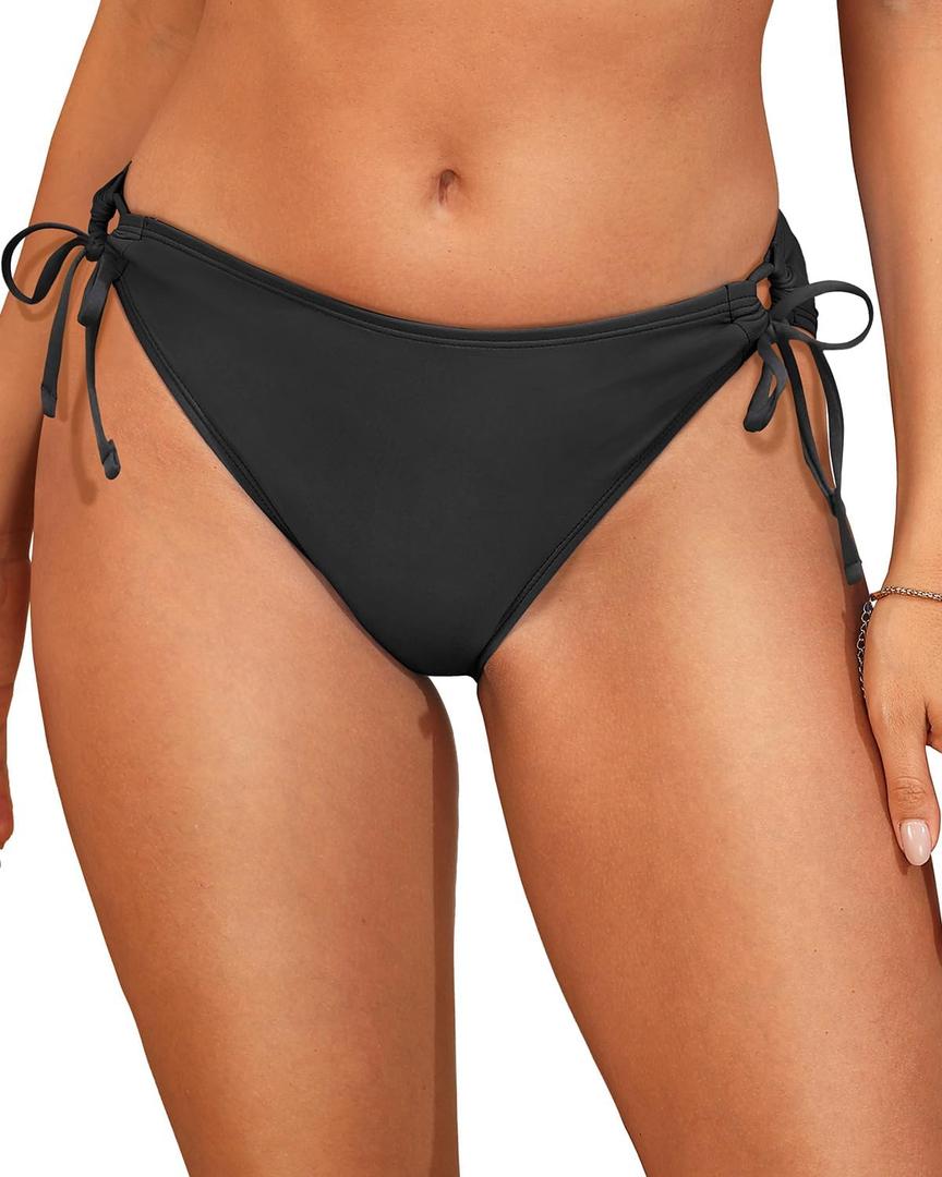 Zmart String Tie Side Bikini Bottoms - Women Full Coverage Swimsuit Bottom Mid Rise Mid Waist Swim Bathing Suit Bottom (X-Small, Black)