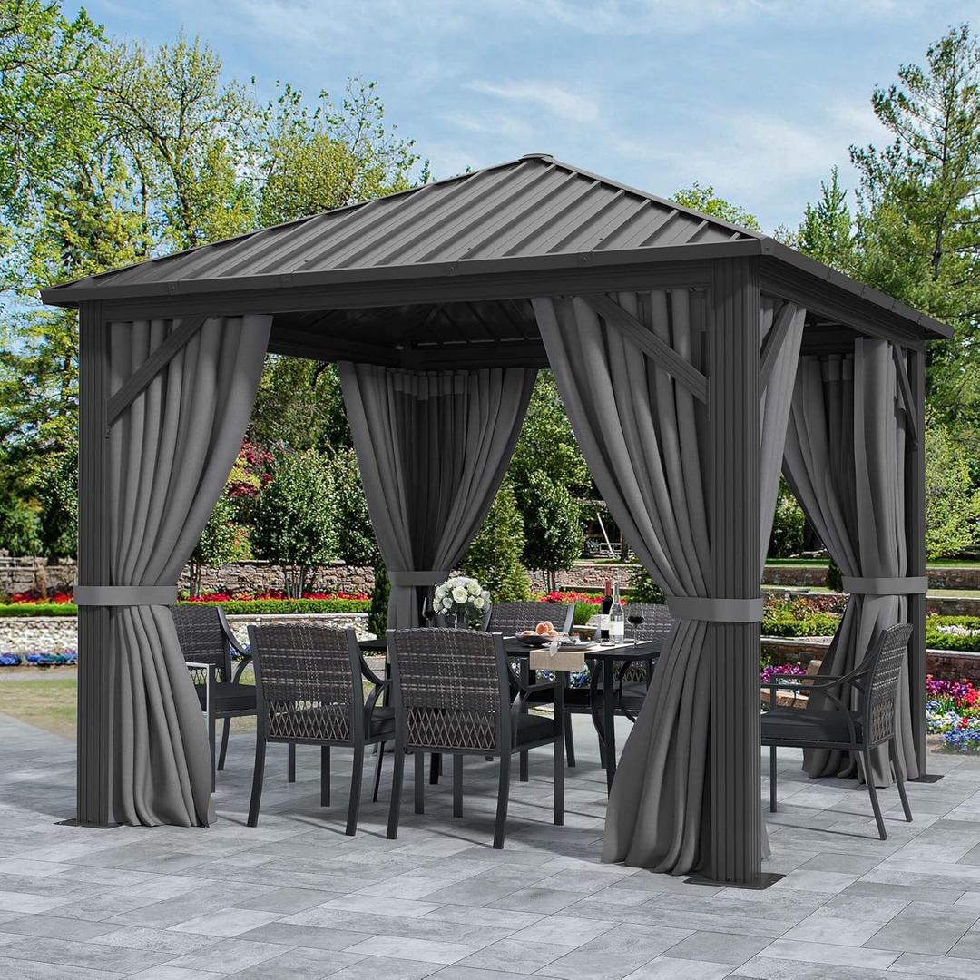 YITAHOME 10'X10' Metal Hardtop Gazebo Outdoor Patio Single Top Canopy Galvanized Iron Garden Tent Curtains Netting for Backyards Decks Lawns,Gray
