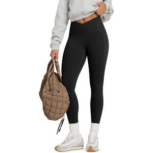 ODODOS Cloud Feeling Gathered Cross Waist Leggings with Pockets for Women 25" / 28" Crossover Lounge Yoga Pants (Medium, Black)