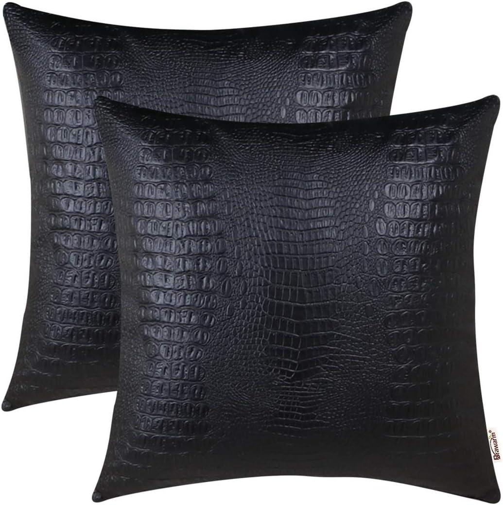BRAWARM Faux Leather Pillow Covers 20 X 20 Inches, Black Leather Pillow Covers Pack of 2, Crocodile Leather Decorative Throw Pillows for Living Room Couch Bed Sofa Home