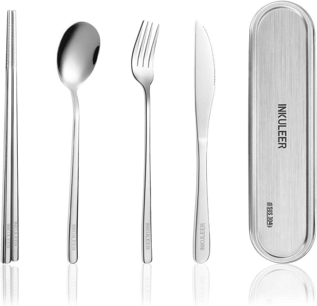 Travel Cutlery Set - 18/8 Stainless Steel Reusable Utensils with Metal Case, Portable Silverware for Camping, Office, Travel & Outdoor Dining