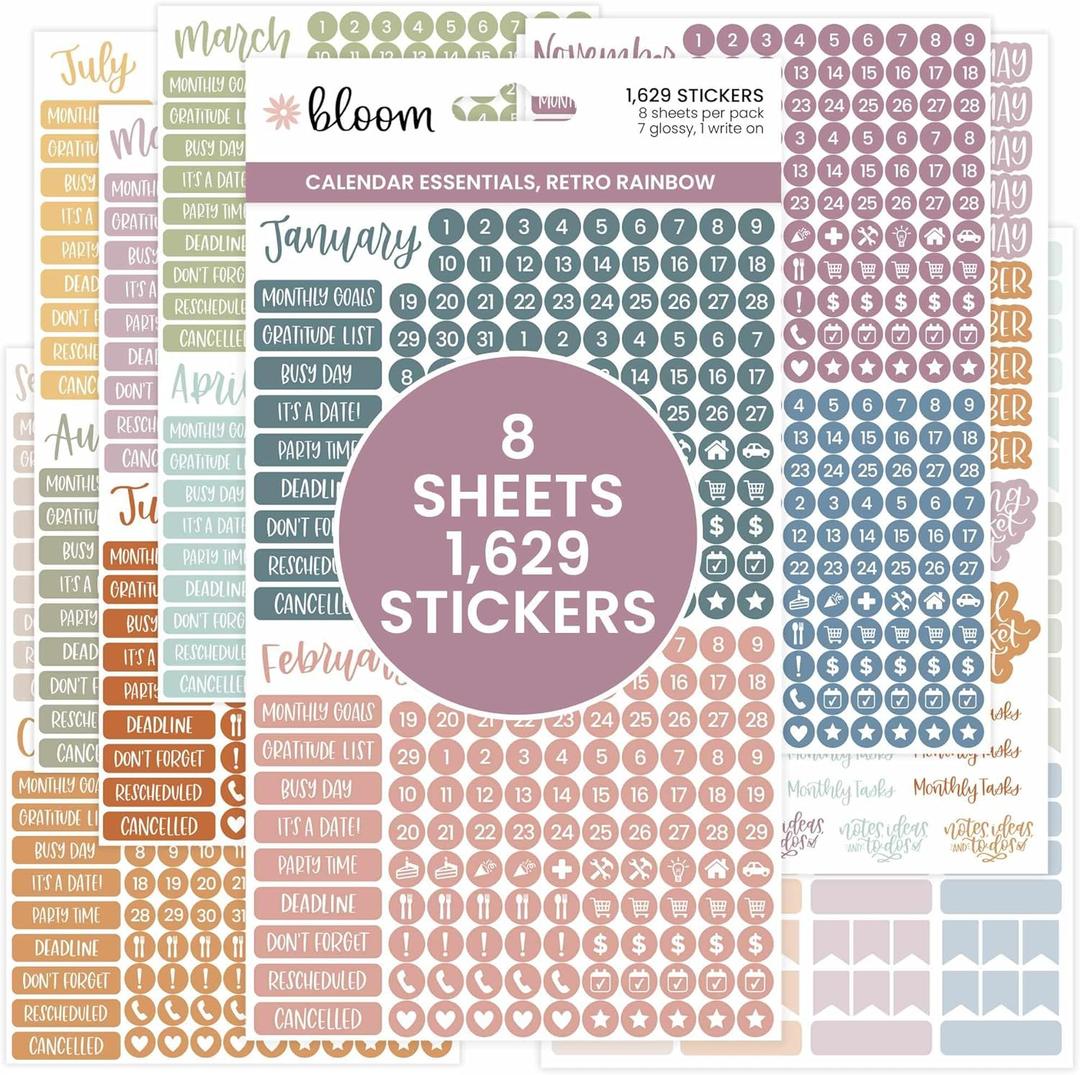 bloom daily planners Calendar Essentials Planner Stickers - 8 Sheets, 1629 Stickers Per Pack! - Color Coordinating Monthly Headings, Dates, Icons, Etc. - Retro Rainbow