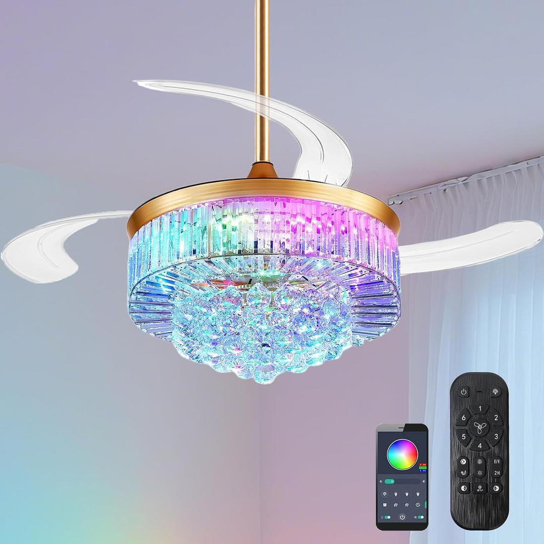 42 Inch Fandelier Ceiling Fans with Light - Retractable Crystal Ceiling Fan and Remote/APP Control, Noiseless DC Motor, RGB Dimmable Lights, Chandelier Ceiling Fan for Bedroom/Living Room Etc