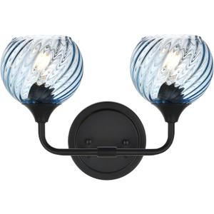 MELUCEE 15 Inch 2 Light Bathroom Wall Lights with Blue Striped Swirl Glass Shade, Black Bathroom Lights Over Mirror Vanity Lighting Fixtures Wall Lamp for Bathroom, Living Room, Hallway