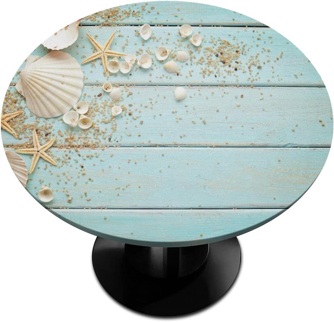 Beach Wood Texture Elastic Edge Round Tablecloth Shell Starfish Fitted Table Cover Waterproof Wipeable Round Table Cloth for Parties Outdoor Dining Table Decor Pads Size 48"(Fit for 40"-44" Table) (A:beach Summer)