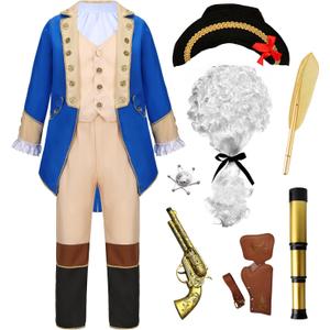 Washington Costume Boys Hamilton American Colonial Patriot Uniform with Wig (Blue, 7-8 Years)