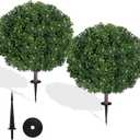 27.5" Artificial Boxwood Topiary Ball Tree, Set of 2 Fake Bushes Shrubs with Ground Spike, UV Resistant Faux Evergreen Boxwood Trees for Front Porch Planters Outdoor Garden Decor