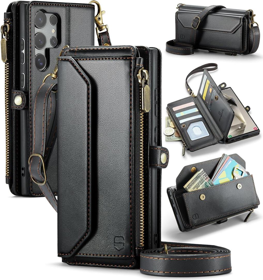 Wallet Case Compatible with Samsung Galaxy S24 Ultra 5G RFID Blocking 10-Card Holder Soft PU Leather Magnetic Snap Strap Zipper Pocket Phone Case Fit for Galaxy S24 Ultra - Black