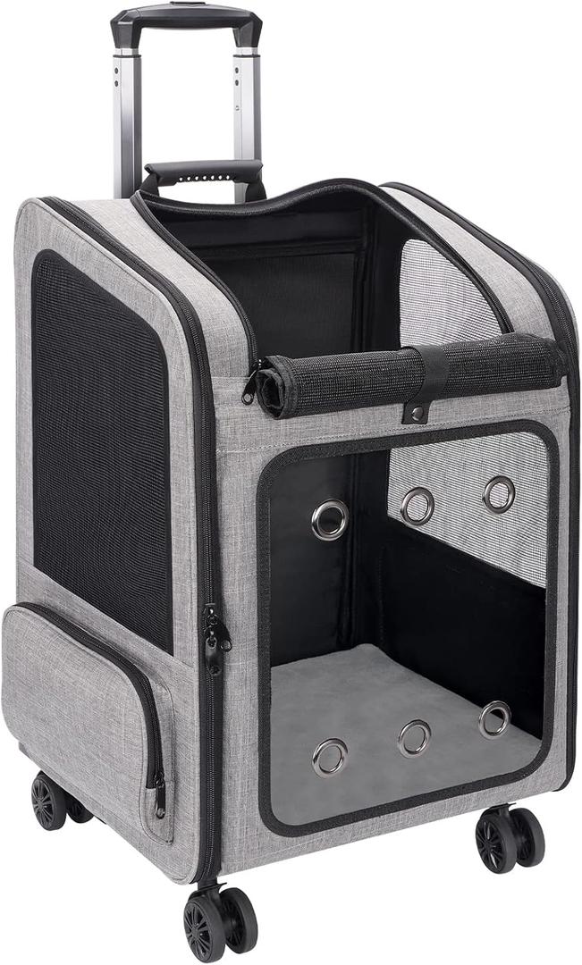 Extra Large Pet Carrier Backpack with Wheels Cats Under 30 Lbs, for Dogs Puppies Rabbits Other Animals Under 25 Lbs, Great for Travel/Hiking/Outdoor Use, Grey