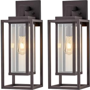 21" Outdoor Wall Light Fixtures Waterproofed Exterior Lantern W/Sturdy Rectangular Double Cage In Old Rust&Clear Tempered Glass,Sconce Mounted For House Patio,Front door,Porch,Garage Lighting 2Pack