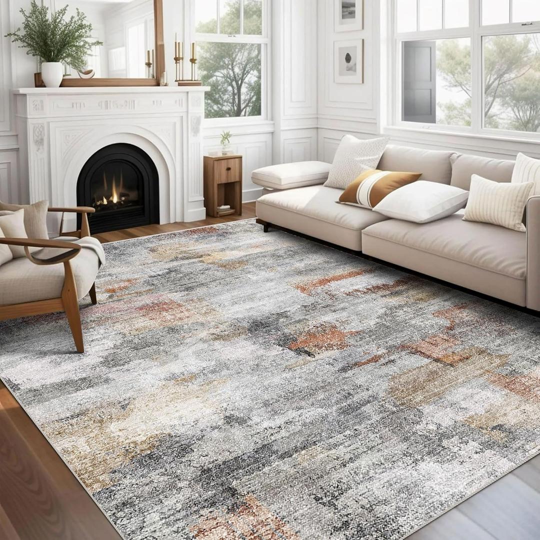 vivorug Washable Rug, Ultra Soft Area Rug 6x9, Non Slip Abstract Rug Foldable, Stain Resistant Rugs for Living Room Bedroom, Modern Fuzzy Rug (Gray/Rust, 6'x9') (Colorful/ Multi)