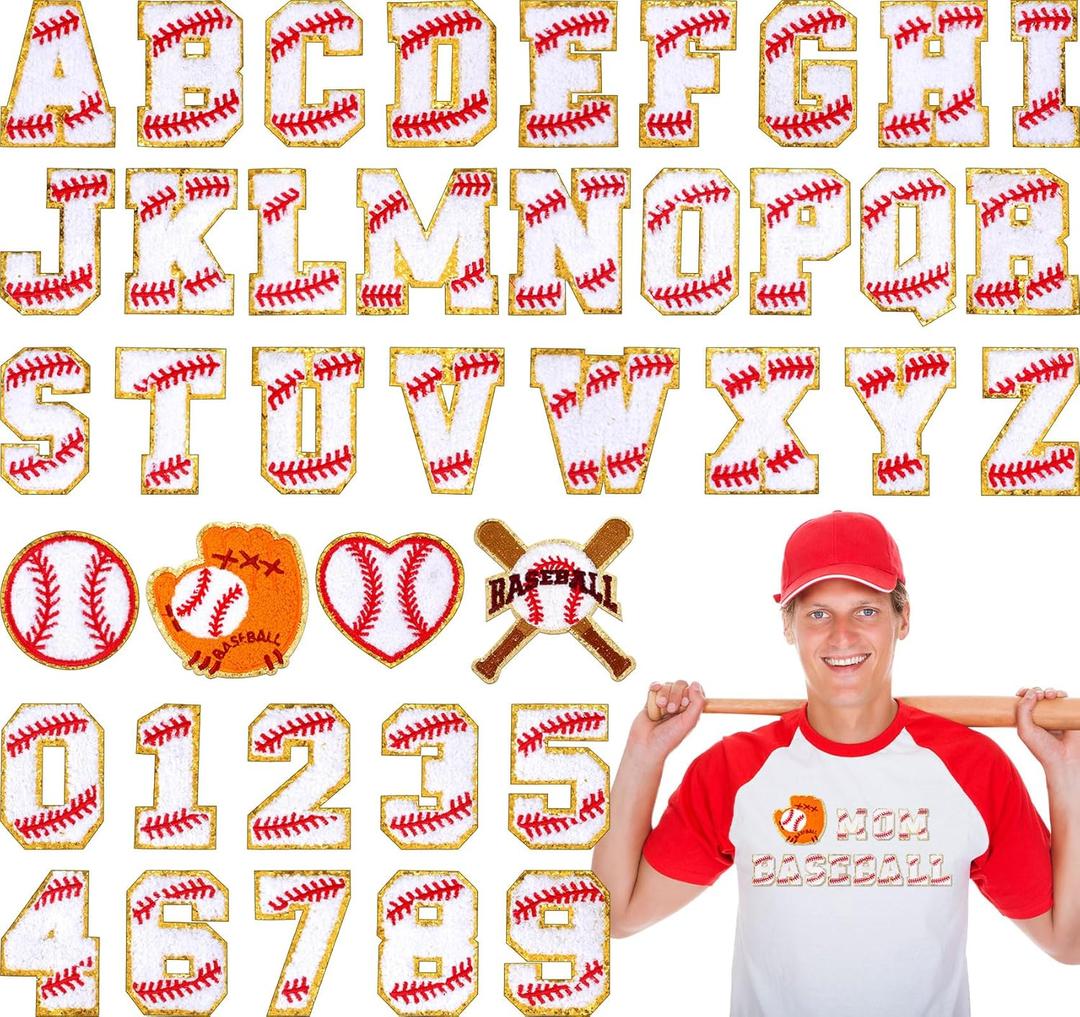 Chunyin 40 Pcs Baseball Patches Self Adhesive Chenille Letter Number Iron on Patches Embroidered Game Day Sports Patch, 26 A-Z Letters, 0-9 Number for Clothing Hats Bags Sewing Decoration