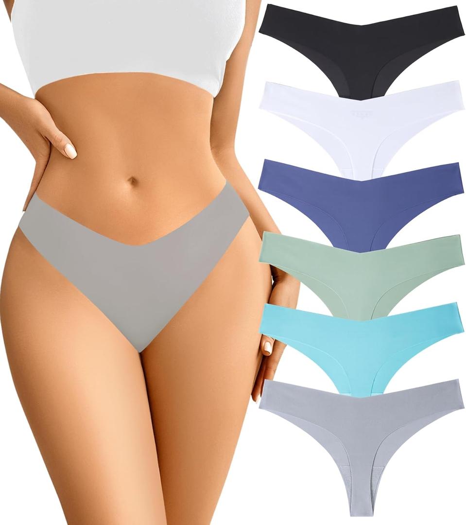 Seamless Thongs - No Show Underwear Pack - Breathable Panties for Women - Colorful 6 Thongs (Blue, L)