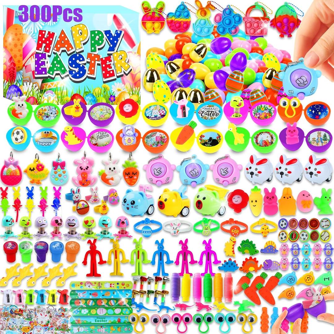 300 Pcs Easter Egg Fillers with Surprise Eggs, Easter Basket Stuffers,Filled Easter Party Favors for Kids,Carnival Treasure Prizes Classroom Events Hunt,Stocking Stuffers Birthday Gifts
