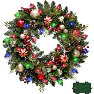 Lighted Christmas Wreath 28'' Artificial with 30 LED Multi-Color