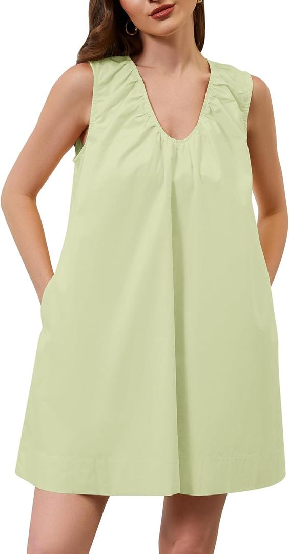 Livtany Women's Scoop Neck Babydoll Cute Mini Dress Flowy Sleeveless Short Dress Ruched Loose Fit Summer Dresses with Pockets (Green), L