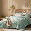 Tufted Boho Comforter Set Queen - Sage Green Comforter 3 Pieces Farmhouse Shabby Chic Embroidery Bedding for All Season,Soft Jacquard Queen Comforter with Comforter and Pillow Shams