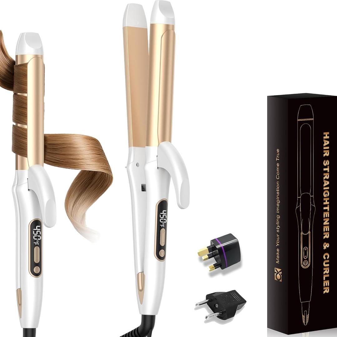 Dual Voltage Curling Iron Travel 2 in 1 Curl and Straightener (110V-240V) 1.25 Inch Normal Size Hair Curle Ceramic with EU/UK Plug Adapter Curling Wand Adjustable Temperature Anti-Tangle (Platinum)