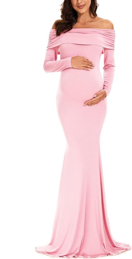 Glampunch Off Shoulders Maternity Dress Long Sleeve Ruched Maternity Gown Baby Shower Photography Pregnant Dress (Large, Pink.)
