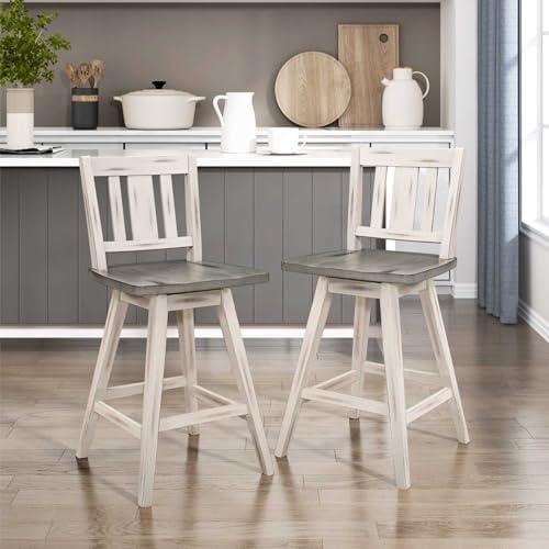 Amazon.com - Counter Height Stools Set of 2 - Solid Wood Frame 360 Swivel Wooden Stools Counter Height, Foot Rest, Slat Back, Wide Seat, Distressed Farmhouse Easy to Clean Finish, 24 Inch High Seat White - Table & Chair Sets
