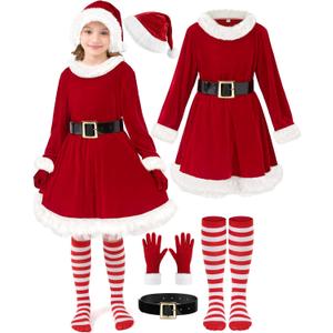 FancyFun 5 Pieces Girls Santa Dress, Santa Dress for Girls Kids Mrs Claus Costume with Belt Hat Christmas Cosplay (11-13Y)