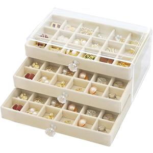 SPAKOWN Earring Box Holder Organizer Display Case, Clear Velvet Jewelry Storage Tray Organizer for Earring Ring Stud (Beige - 3 Drawers)