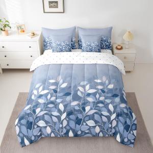 Feelyou Vintage Floral 7 Piece Bedding Set Full Size Blue Botanical Comforter Set with Sheets for Kids Adult Leaves Plants Bed in a Bag Microfiber Bed Set