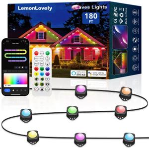 Permanent Outdoor Lights for House, 180ft with 132 Smart IC+RGBCW LED Eaves Lights with App/Remote Control, IP67 Waterproof Christmas Light Compatible with Alexa, Google Assistant, Black