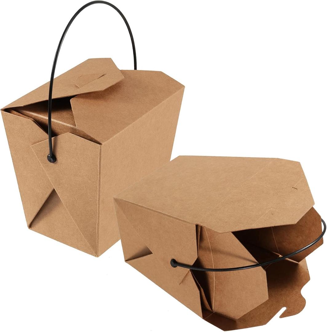 SHEUTSAN 100 Packs 26 OZ Chinese Take Out Boxes, Brown Kraft Take Out Boxes with Plastic Wire Handle, Leak and Grease Resistant Take Out Food Containers for Catering, Weddings, Party Favors, Unfolded