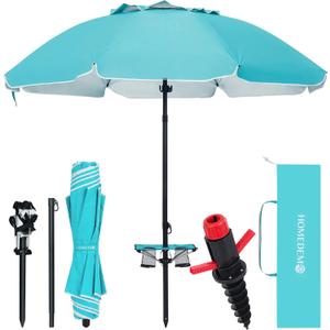 HOMEDEMO 7FT Beach Umbrella with Table & Anchor, Heavy Duty Windproof with UPF 50+ Sun Protection, Outdoor Umbrellas with Adjustable Aluminum Pole