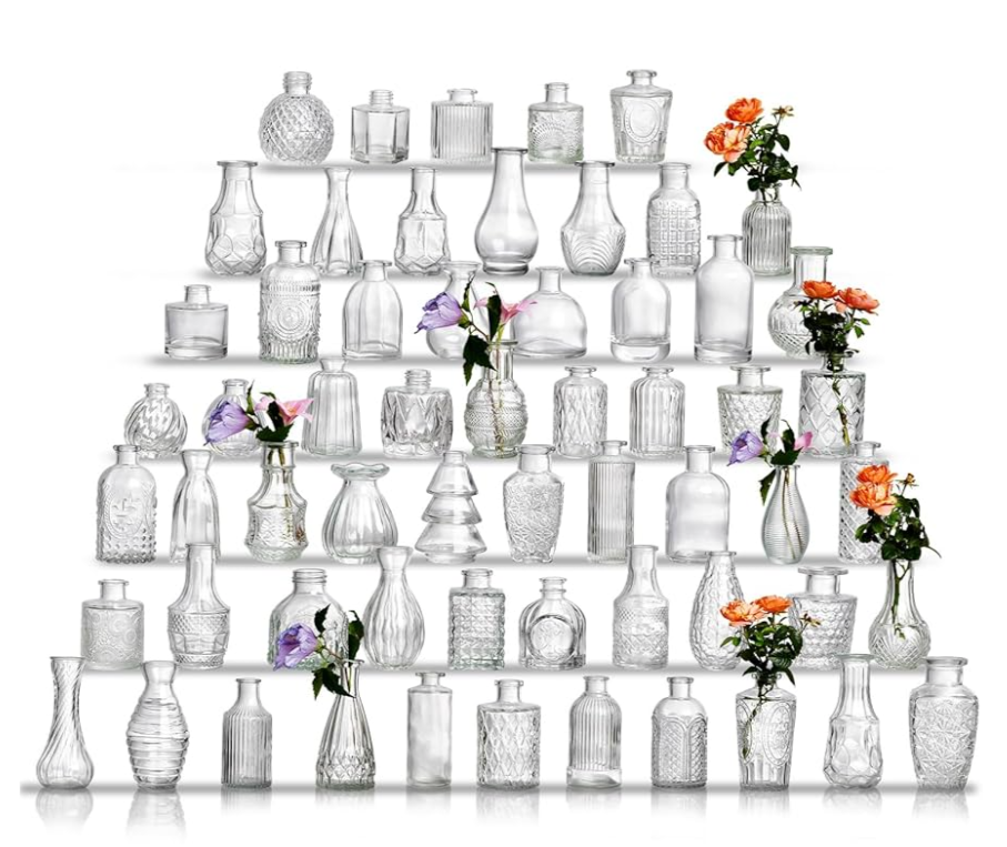 Glass Bud Vase Set of 60 - Small Vases for Flowers in Bulk - Assorted Vintage Crystal Vases for Flowers, Table Centerpieces (Clear, 60 Pcs)