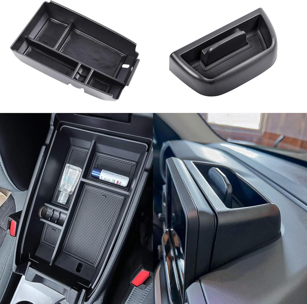 TACOBRO 2PCS Console Organizer Set Compatible with Ford Bronco Sport Accessories 2021 2022 2023 2024Interior Center Console Dash Storage Tray and Armrest Secondary Storage Box ABS Material