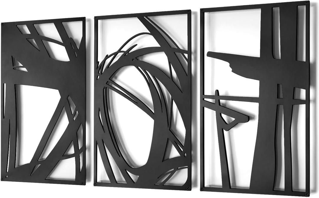 Pinetree Art Black Abstract Metal Wall Art, 3D Textured Metal Wall Sculptures, Hollow Out Design Modern Wall Decor for Living Room Bedroom Home Office (M, 16" x 24" x 3pcs)