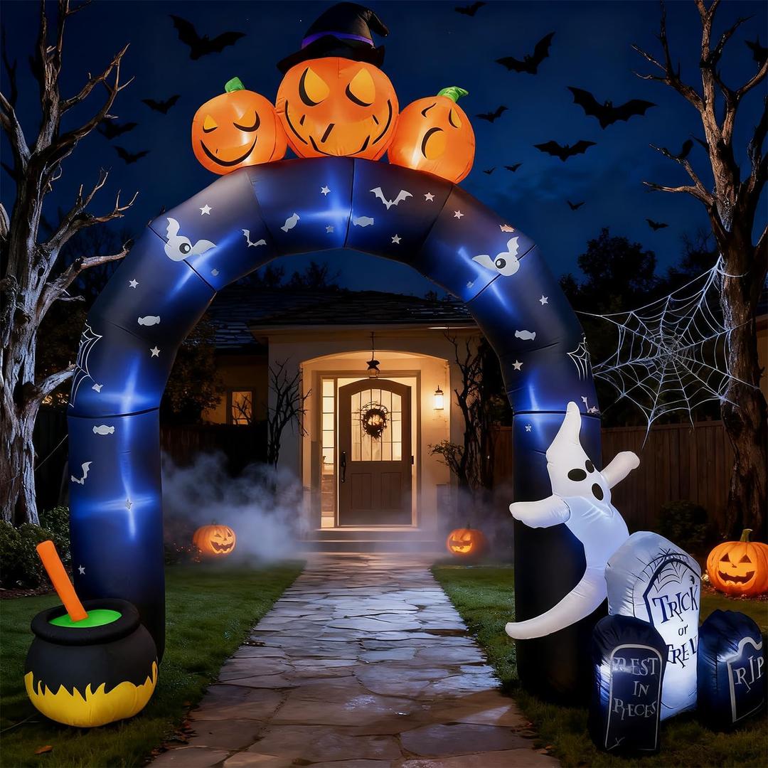 GVDV 10FT Halloween Inflatables Outdoor Decorations with Pumpkins & Ghosts,Lighted Halloween Yard Decorations with 9 Bright LEDs,Spooky Blow Up Entrance for Front Yard/Garden/Porch/Pathway/Party