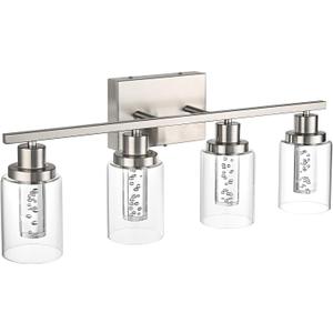 MELUCEE 4-Light LED Bathroom Lighting Fixtures Brushed Nickel, Dimmable LED Vanity Light for Bathroom 3000K-6000K Bathroom Wall Lights with Crystal Bubble Clear Glass Shade, Built-in LED Chips