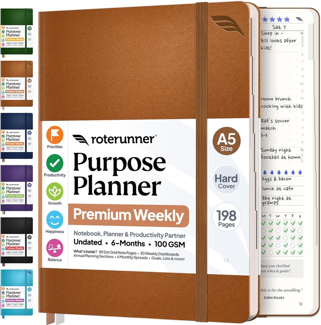 Roterunner Purpose Planner Notebook A5 5.8x8.3 Undated 2026 Daily Weekly and Monthly Productivity Goal Setting Tool for Work Home ADHD Planner for Adults Self Care Journal (Tan Hardcover)