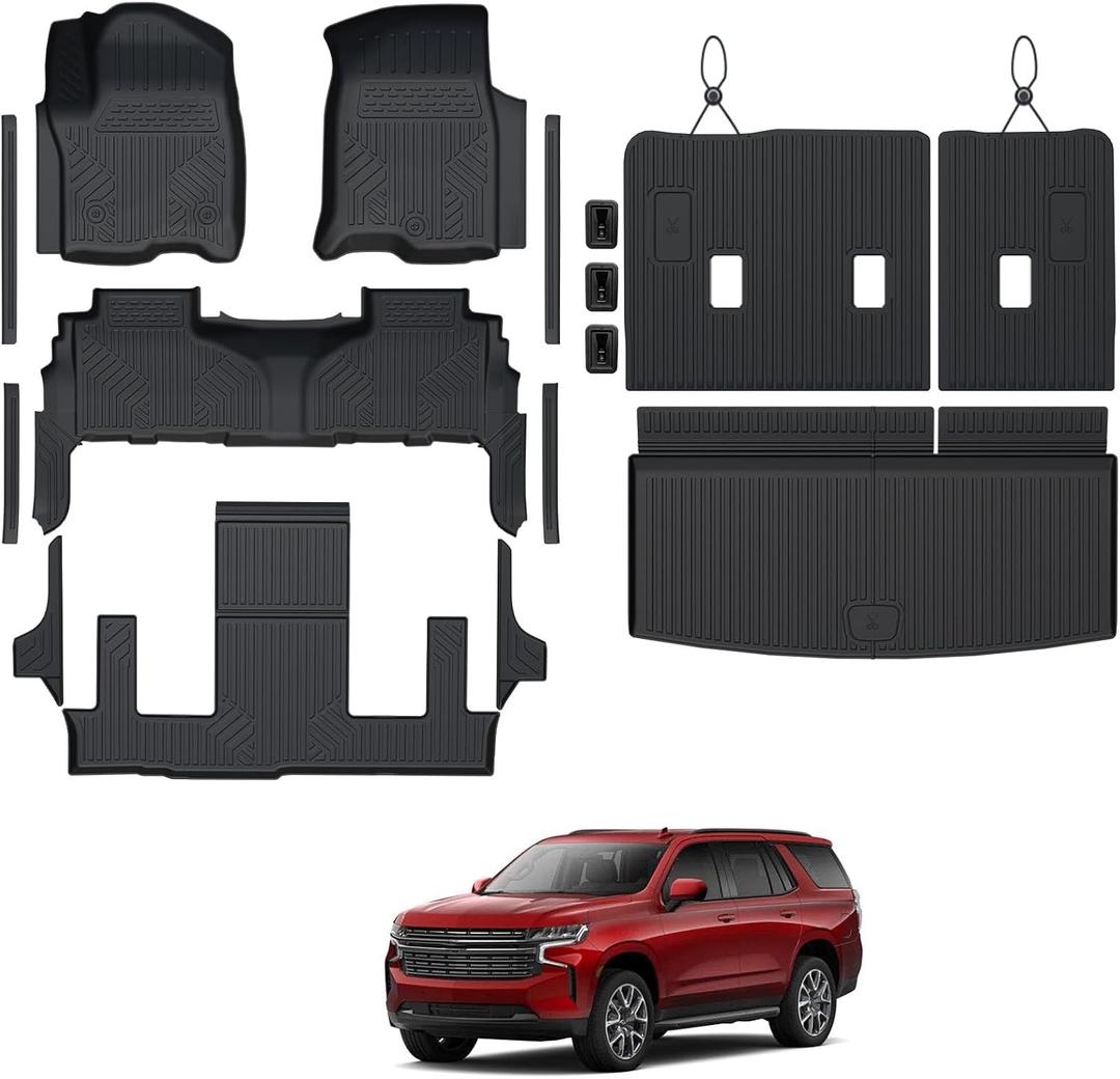 Floor Mats for Chevy Tahoe/GMC Yukon 2021-2026, All Weather Floor Mats Trunk Cargo Liner with Backrest Protectors and Door Sill Guards Accessories, Full Coverage Set (Fit 7 Seats)
