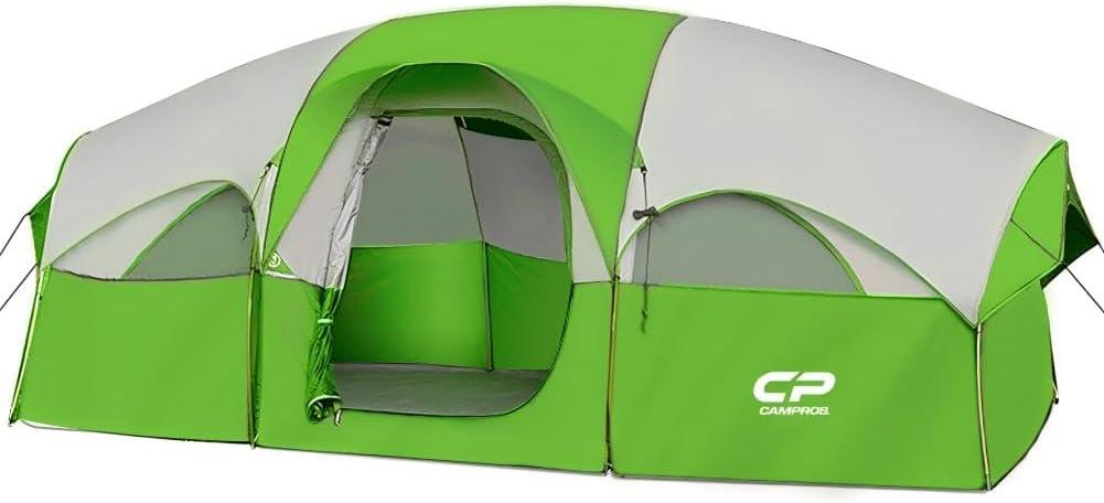 CAMPROS CP Tent 8 Person Camping Tents, Weather Resistant Family Tent, 5 Large Mesh Windows, Double Layer, Divided Curtain for Separated Room, Portable with Carry Bag (Green)