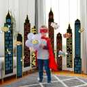 Cheerland Superhero Party Decorations Super Hero Photo Booth Backdrop Birthday Party Decoration Hero Background Buildings Cartoon Action Sign Comic Book Themed Wall Hanging Room Decor Class Supplies, 7.2' x 4.8'