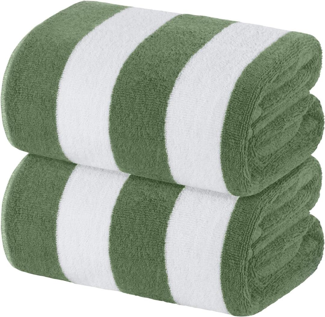 White Classic Beach Towels Oversized Cabana Stripe Cotton Bath Towel Large - Luxury Plush Thick Hotel Swim Pool Towels for Adults Super Absorbent Quick Dry - 35x70 Khaki Green [2 Pack]