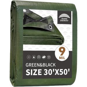RAINDEWAY Tarps 30x50 Feet,Large Tarp Waterproof,9Mil Thick Finished Size, Multipurpose Poly Tarp Cover with Metal Grommets and Reinforced Edges,Green/Black Tarpaulin