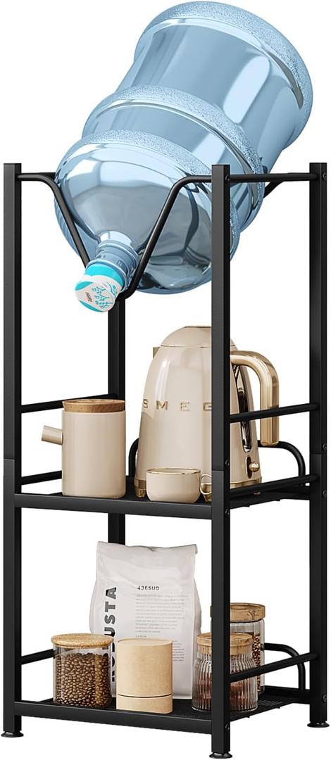 AZERPIAN 5 Gallon Water Jug Holder Bottle Organizer 3Tiers Water Dispenser Rack with Storage Shelves for Kitchen,Office,Living Room,Black