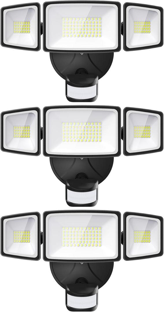 Onforu 3 Pack 65W LED Motion Sensor Outdoor Lights, Security Light Motion Outdoor Flood Light Fixture Detection Detector, 3 Adjustable Heads 6500LM 6500K IP65 Waterproof Exterior Garage Yard (Black)