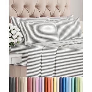 Full 6 Piece Sheet Set - Comfy, Breathable & Cooling - Soft Hotel Luxury Bedding for Women, Men, Kids, Teens and Children - 1 Flat & 1 Fitted Sheet & 4 Pillowcases with Deep Pockets - Grey Stripes 2