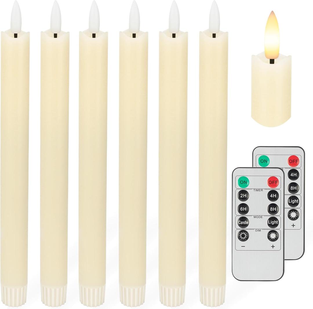 Flameless Taper Candles with 3D Wick, 9.6" Real Wax LED Candles with 2 Remote and Timer, 6 Pack Flickering Candlesticks Battery Operated, Electric Candles for Home, Wedding, Party, Decor, Ivory