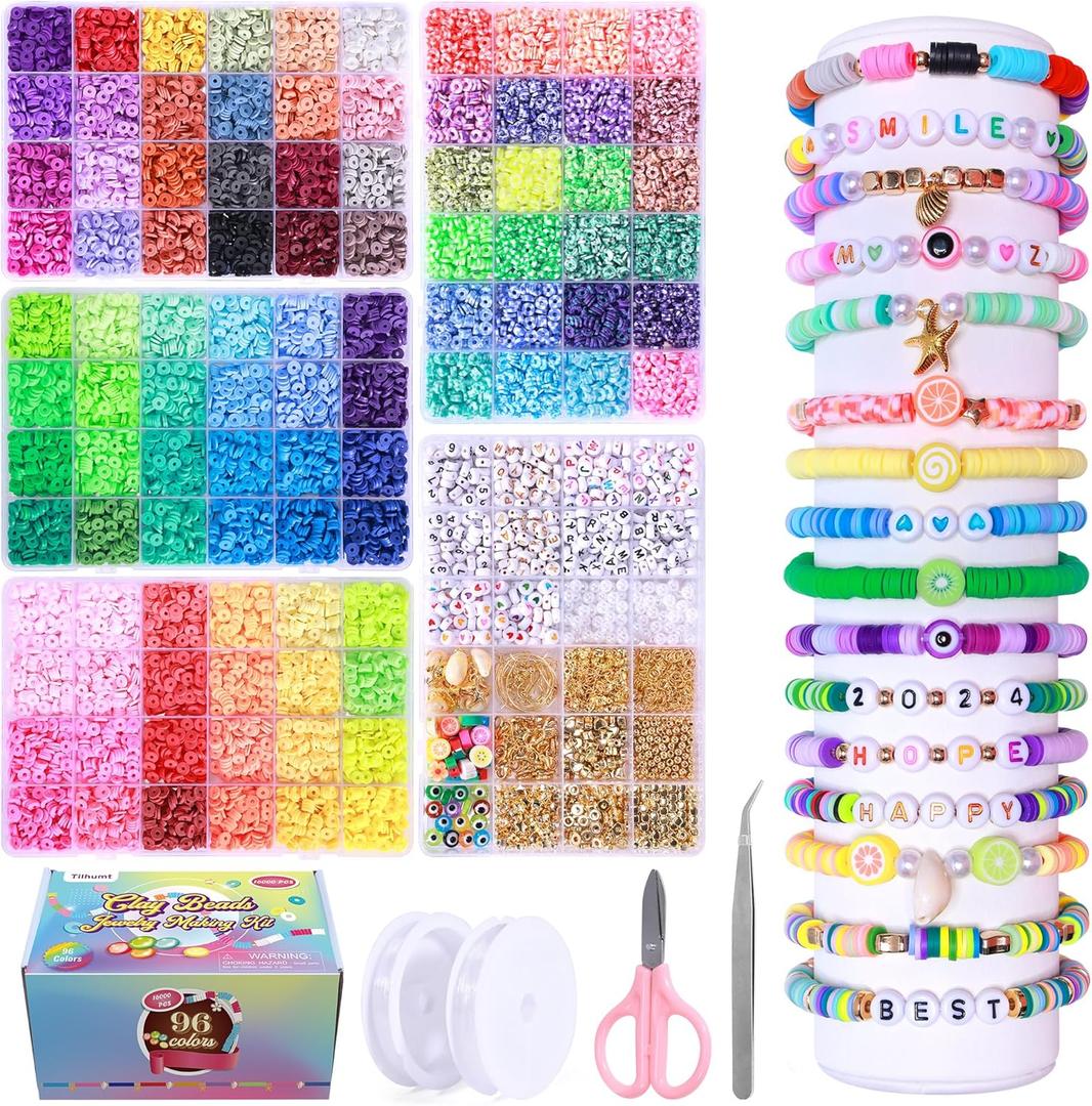 Tilhumt Clay Beads Bracelet Making Kit, 16000 Pcs 96 Colors Preppy Flat Polymer Clay Beads for Friendship Jewelry Making Polymer Heishi Bead with Charms Kit, DIY Arts and Crafts Gifts for Craft Lover
