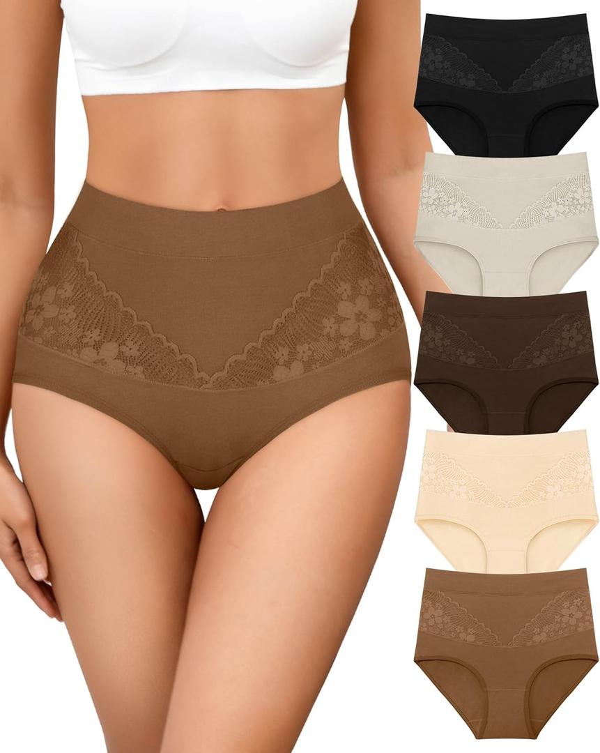 Women's Cotton Underwear Slight Tummy Control High Waisted Postpartum Panties Ladies Soft Full Coverage Briefs 5 Pack (Medium)