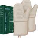 Beneno Kitchen Oven Mitts 2-Pack Heat Resistant to 500°F with Non-Slip Silicone Grip, Extra Long 14.3" Forearm Protection, Soft Quilted Cotton Terry Lining, Ideal for Cooking, Baking, Grilling, Beige