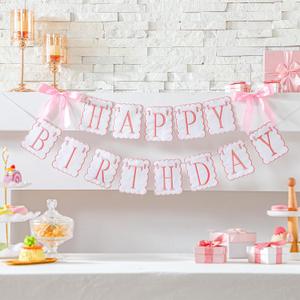 Oudain Pink and White Bow Happy Birthday Banner Garland Pink Bow Birthday Party Decorations Coquette Scalloped Embroidered First Party Cake Smash Prop for Women Baby Shower High Chair Decor