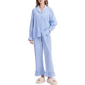 Kissonic Women Gingham Pajama Sets Cotton Long Sleeve Button Down Shirt and Pants Y2K Pjs Lounge Set Sleepwear (Large, Blue)